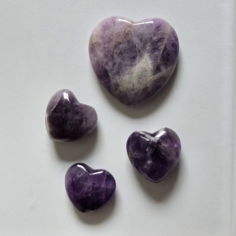 Set of 4 Carved Amethyst Hearts (1large, 3 small)